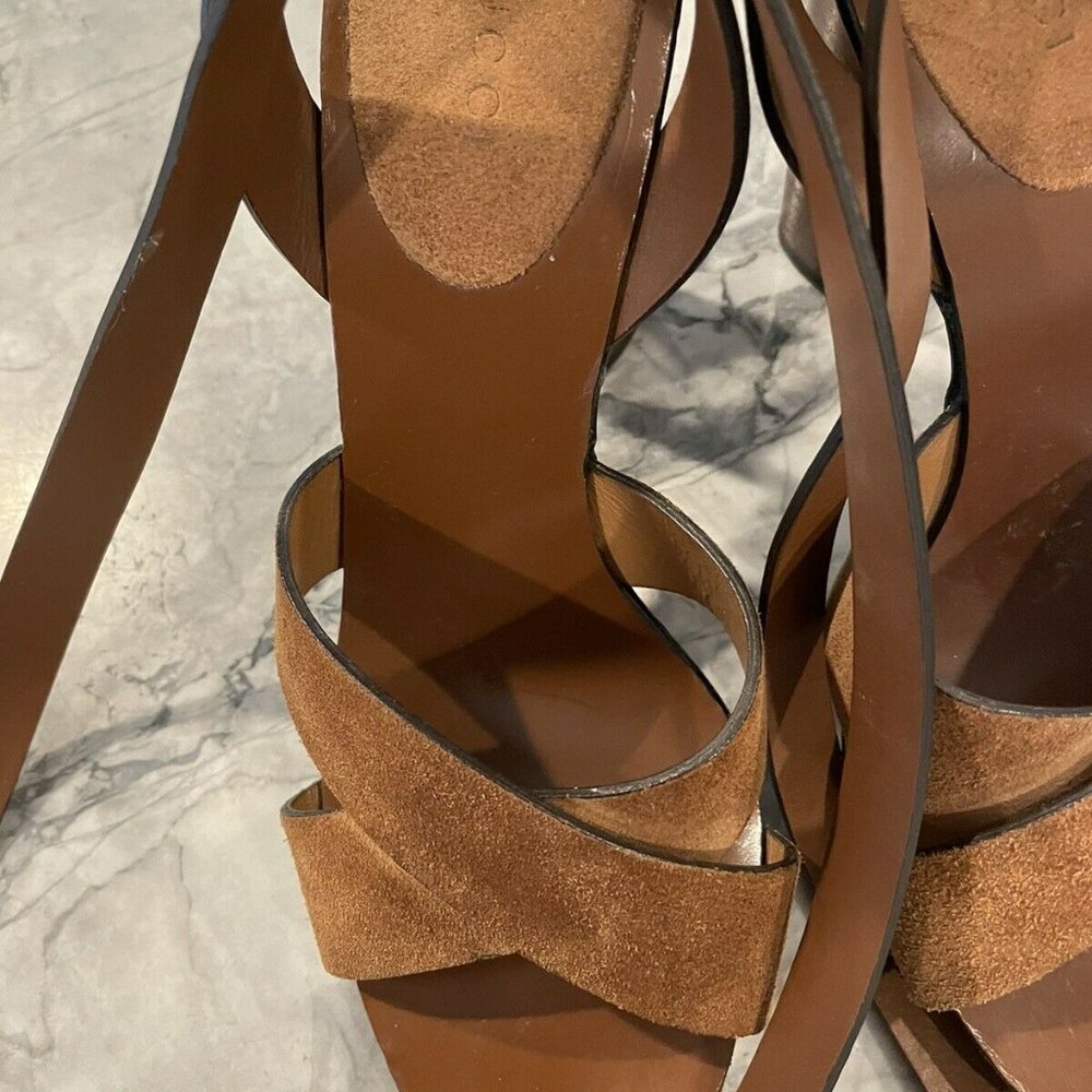 GUCCI 37.5 Brown Suede & Leather Ankle Wrap Strap Sandal Heels Maori - Picture 6 of 11